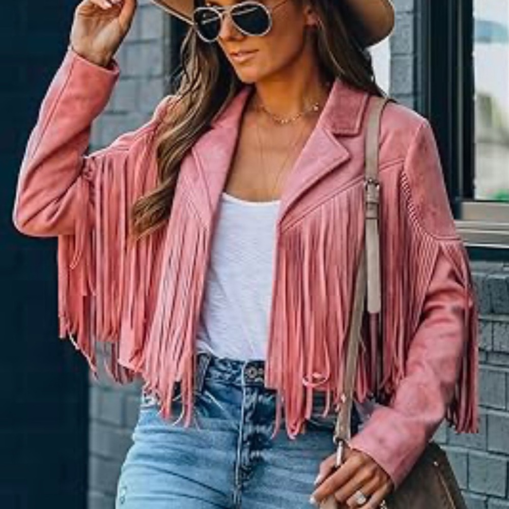 Women's Large Faux Suede Pink Cowboy Western Jacket Cropped Tassel Fringe Coat